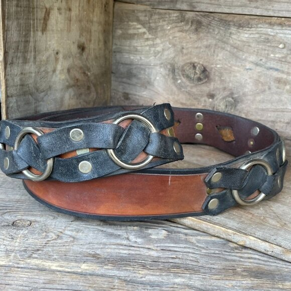 Vintage Biker Motorcycle Belt Leather Strap Black /  Brown with Rings & Rivets - Picture 1 of 14